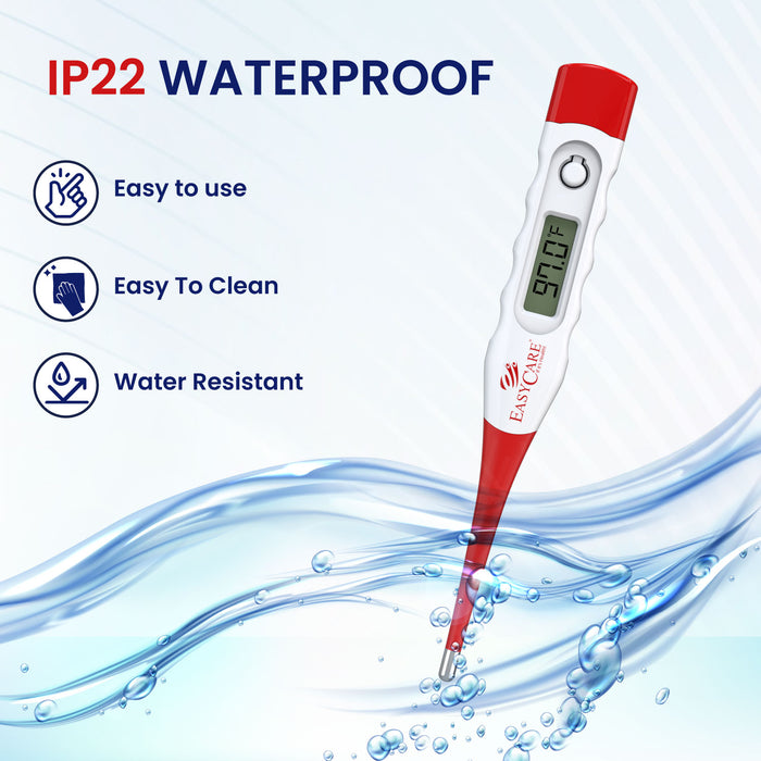 An infographic highlighting a digital thermometer's IP22 waterproof rating, promoting its water-resistant design for easy cleaning and hygienic use.
