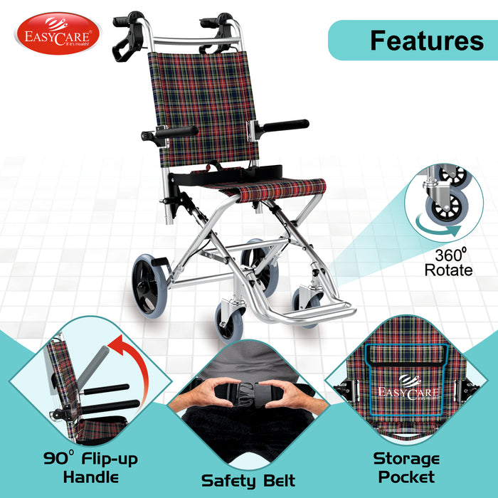 Wheelchair Features – 360° Rotating Wheels, Storage Pocket, Safety Belt, and 90° Flip-Up Handle for Comfort and Convenience