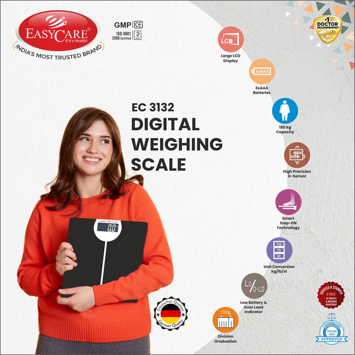 A Woman holding Easycare Tempered Glass Weighing Scale in hand (Features)