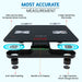 Diagram of EASYCARE Smart Bluetooth Weighing Scale highlighting accuracy and safety features including tempered glass surface, anti-skid padding, backlit LCD display, high sensitivity electrodes, and precision strain gauge sensors