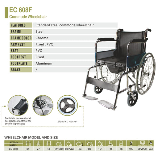 Easycare EC 608F standard steel commode wheelchair with chrome frame, fixed PVC armrest and seat, aluminum footplate, and foldable backrest