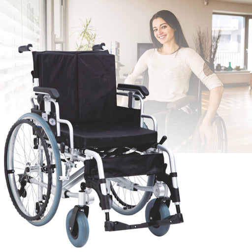 EASYCARE foldable aluminum wheelchair with adjustable seat width, flip-up armrests, 24-inch quick-release wheels, and collapsible frame for mobility and comfort