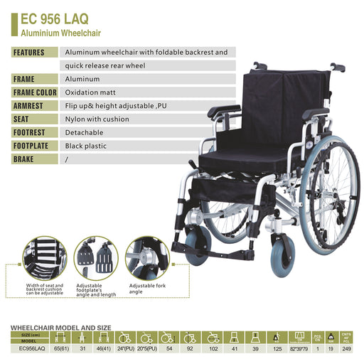 EASYCARE foldable aluminum wheelchair specifications chart showing weight capacity 125kg, product weight 19kg, 24-inch rear wheels, adjustable seat width, detachable footrests, and flip-up armrests