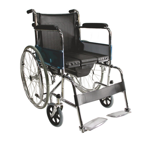 Easycare foldable steel commode wheelchair with fixed footrest, 24 inch rear wheels, PVC seat, and aluminum footplate – durable and easy to clean